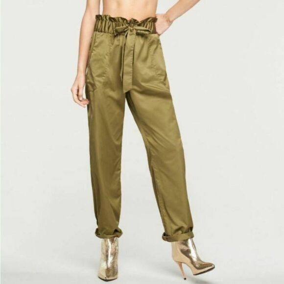 MILLY Kori Paperbag Gathered Waist Wide-Leg Satin Trouser Pants Olive Green M - Picture 2 of 13